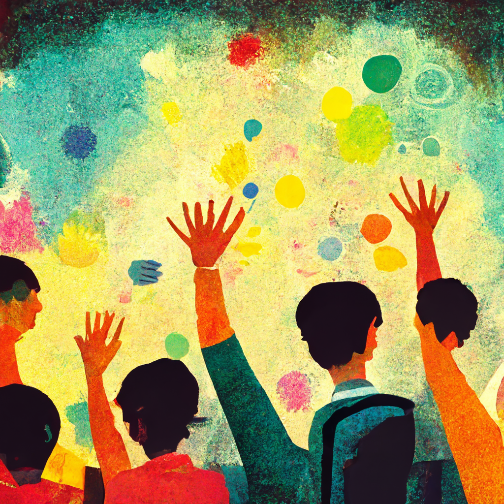 Many students raising their hands in a classroom.